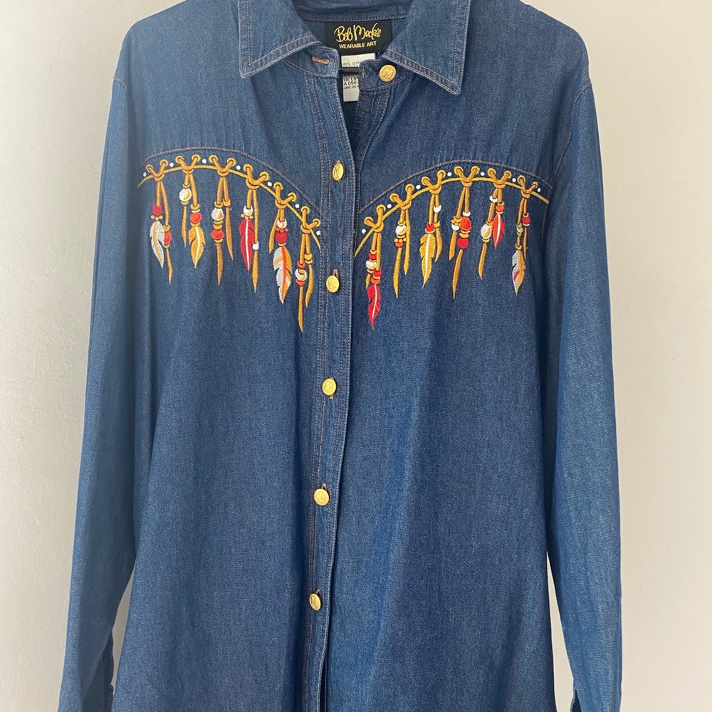 COEST DENIM SHIRT WITH FEATHER EMBROIDERY